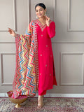 The52 Red Women Embroidered Viscose Kurta Pant and Dupatta set | Grocsy