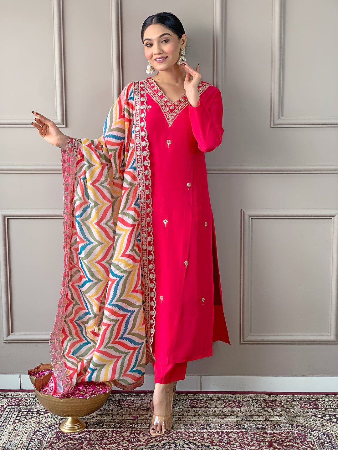 The52 Red Women Embroidered Viscose Kurta Pant and Dupatta set | Grocsy