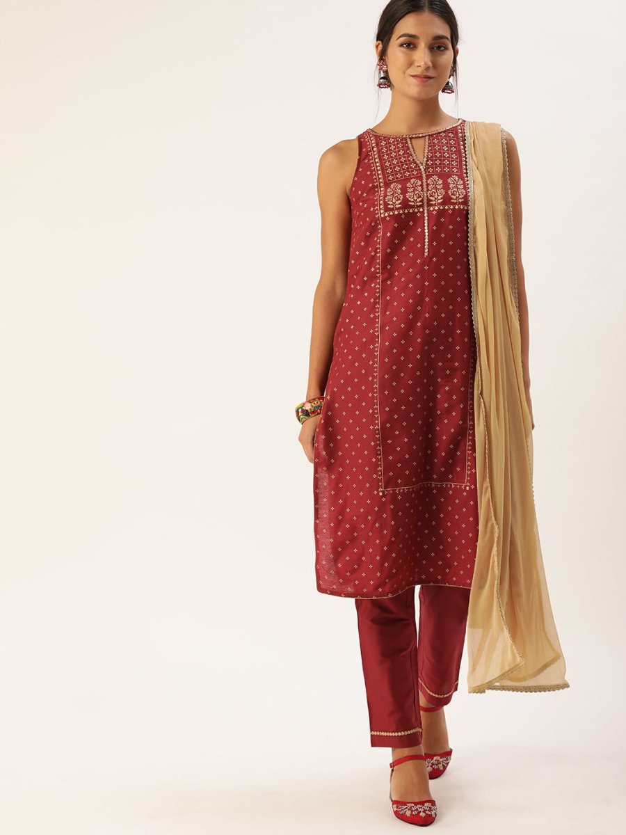 All About You Women Red Ethnic Motifs Printed Kurta with Trousers & With Dupatta | Grocsy