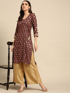 All About You Women Brown & Golden Ethnic Motifs Printed Gotta Patti Kurta | Grocsy