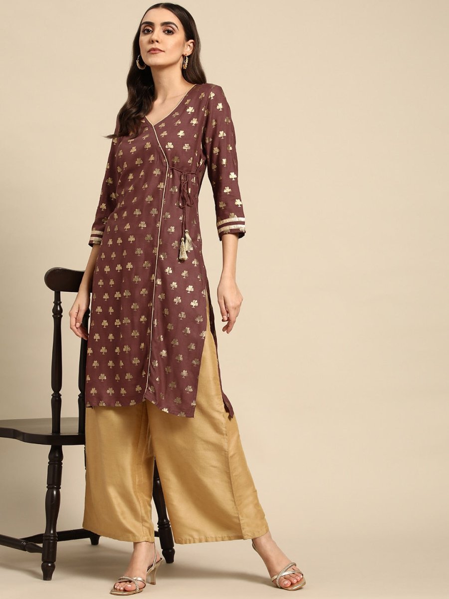 All About You Women Brown & Golden Ethnic Motifs Printed Gotta Patti Kurta | Grocsy