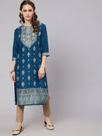 Aks Ethnic Motifs Printed Round Neck Straight Kurta | Grocsy
