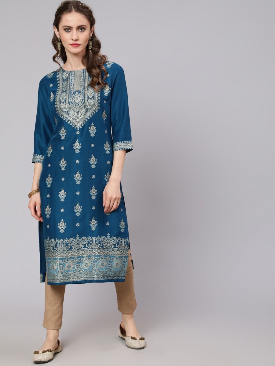 Aks Ethnic Motifs Printed Round Neck Straight Kurta | Grocsy