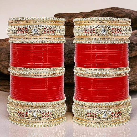 Tehzeeb Creations Bridal Bangle Set Red Designer Chura Wedding Punjabi Choora Fashion Jewellery Chuda Set for Women | Grocsy