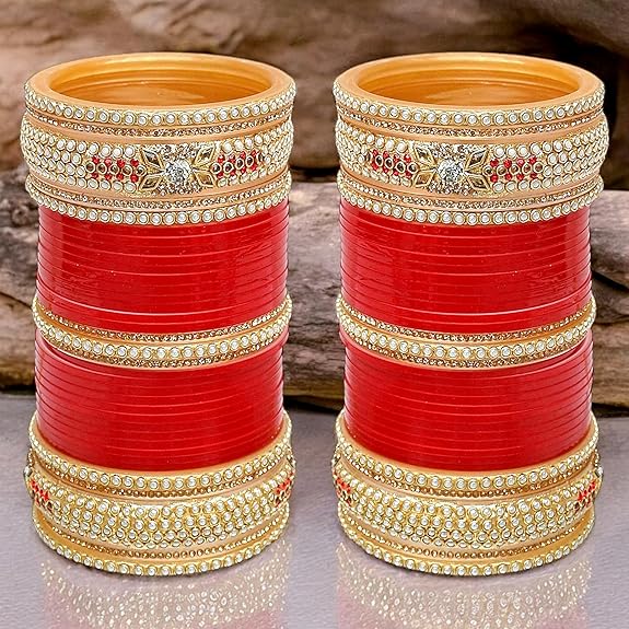 Tehzeeb Creations Bridal Bangle Set Red Designer Chura Wedding Punjabi Choora Fashion Jewellery Chuda Set for Women | Grocsy