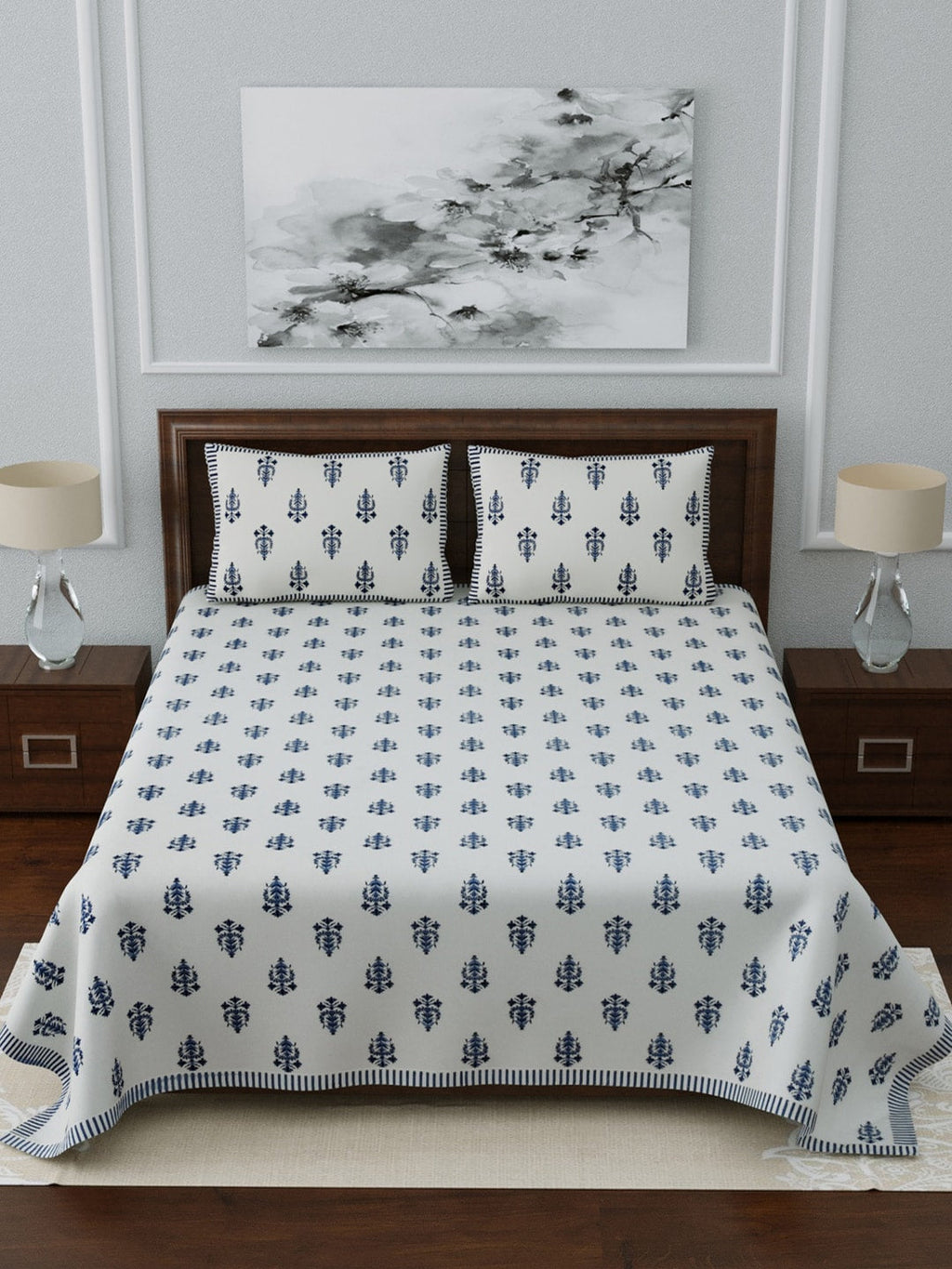 LIVING ROOTS White & Navy Blue Printed 210 TC Cotton 1 Extra Large Bedsheet with 2 Pillow Covers | Grocsy