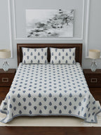 LIVING ROOTS White & Navy Blue Printed 210 TC Cotton 1 Extra Large Bedsheet with 2 Pillow Covers | Grocsy