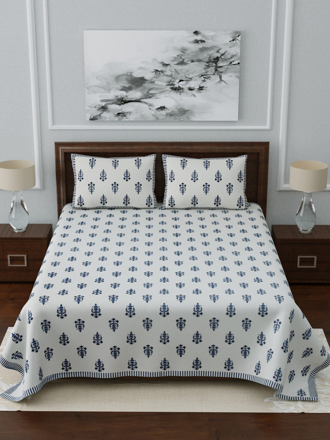 LIVING ROOTS White & Navy Blue Printed 210 TC Cotton 1 Extra Large Bedsheet with 2 Pillow Covers | Grocsy
