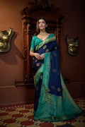 Vardha Cobalt Blue Golden Zari Banarasi Satin Silk Saree | Grocsy