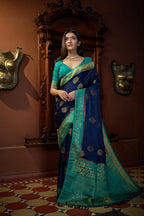 Vardha Cobalt Blue Golden Zari Banarasi Satin Silk Saree | Grocsy