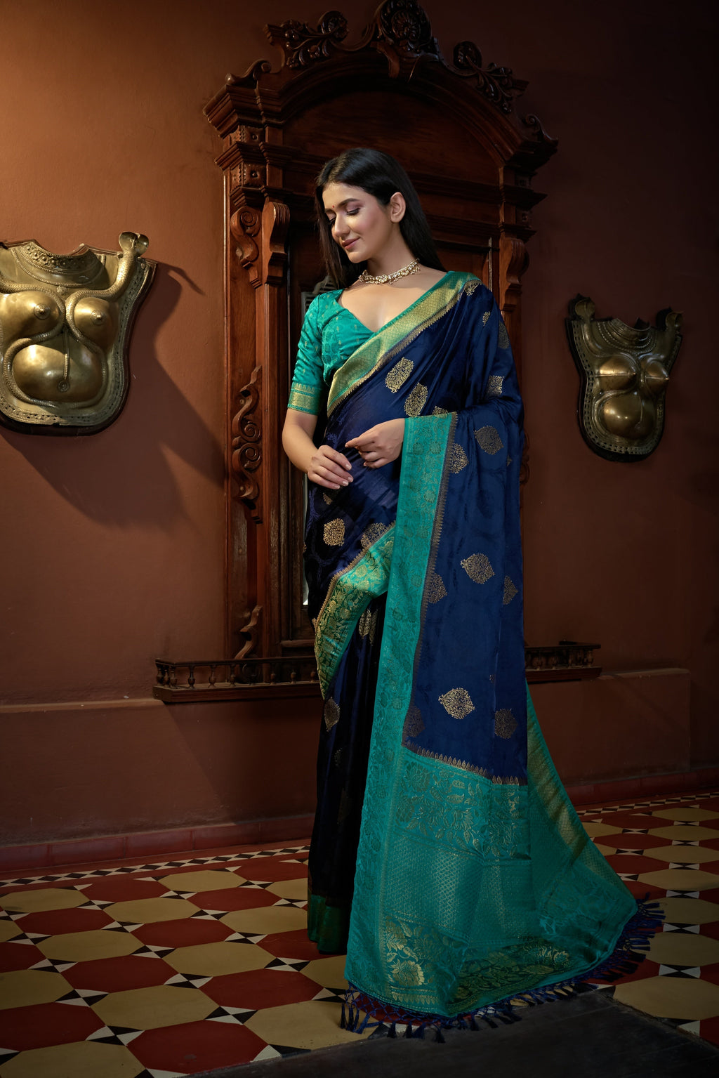 Vardha Cobalt Blue Golden Zari Banarasi Satin Silk Saree | Grocsy
