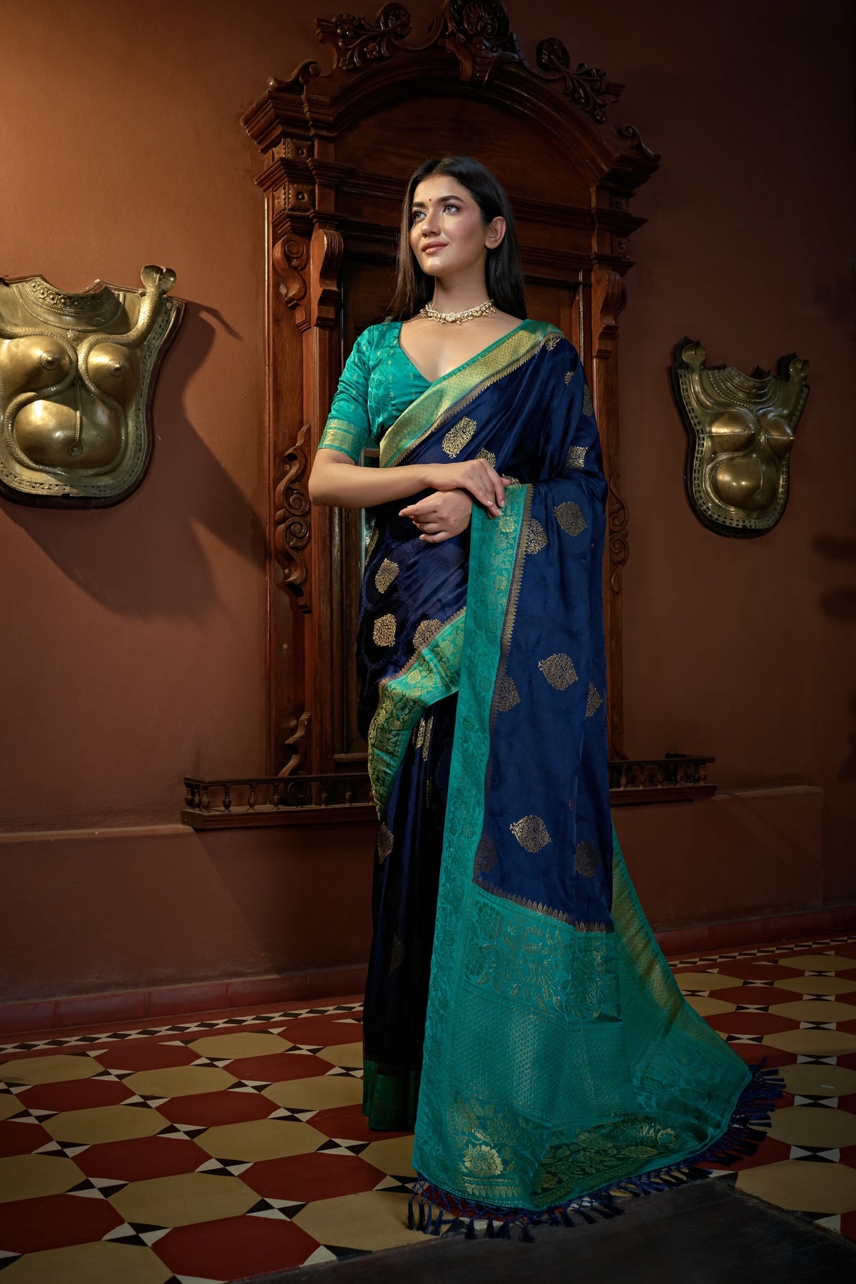 Vardha Cobalt Blue Golden Zari Banarasi Satin Silk Saree | Grocsy