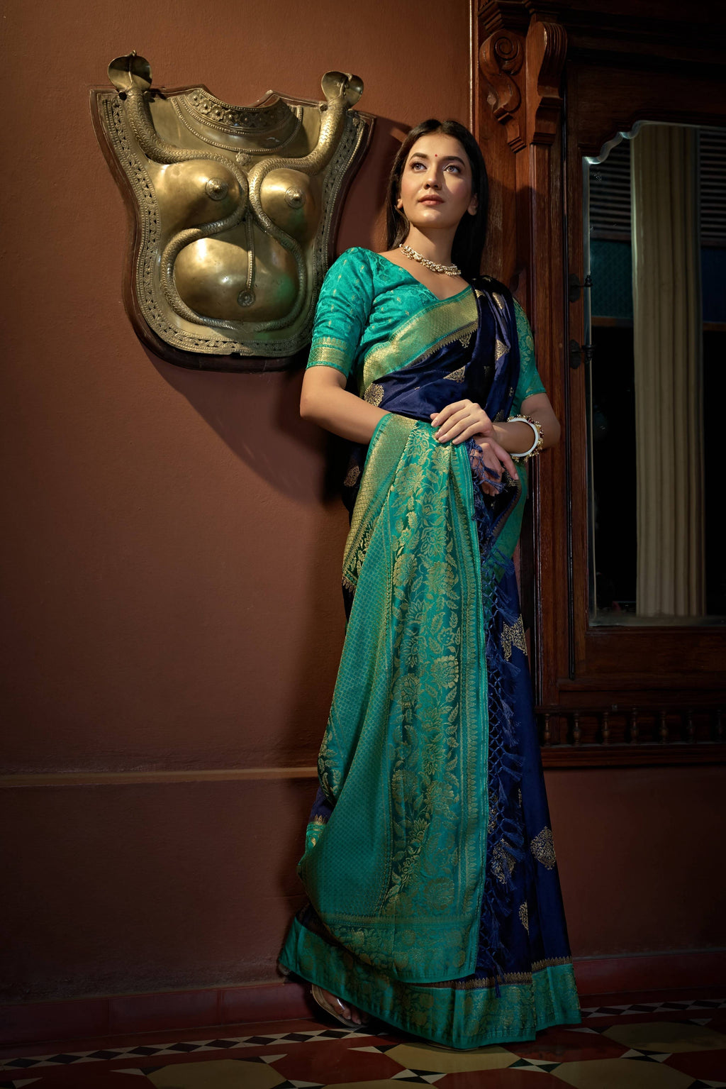 Vardha Cobalt Blue Golden Zari Banarasi Satin Silk Saree | Grocsy