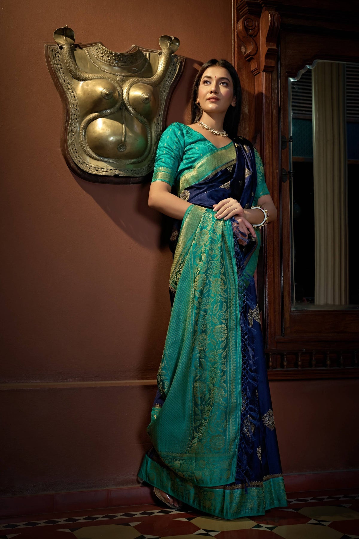 Vardha Cobalt Blue Golden Zari Banarasi Satin Silk Saree | Grocsy