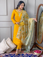 The52 Gorgeous Embroidered Viscose Fabric Straight Kurta, Pant and Dupatta Set | Grocsy