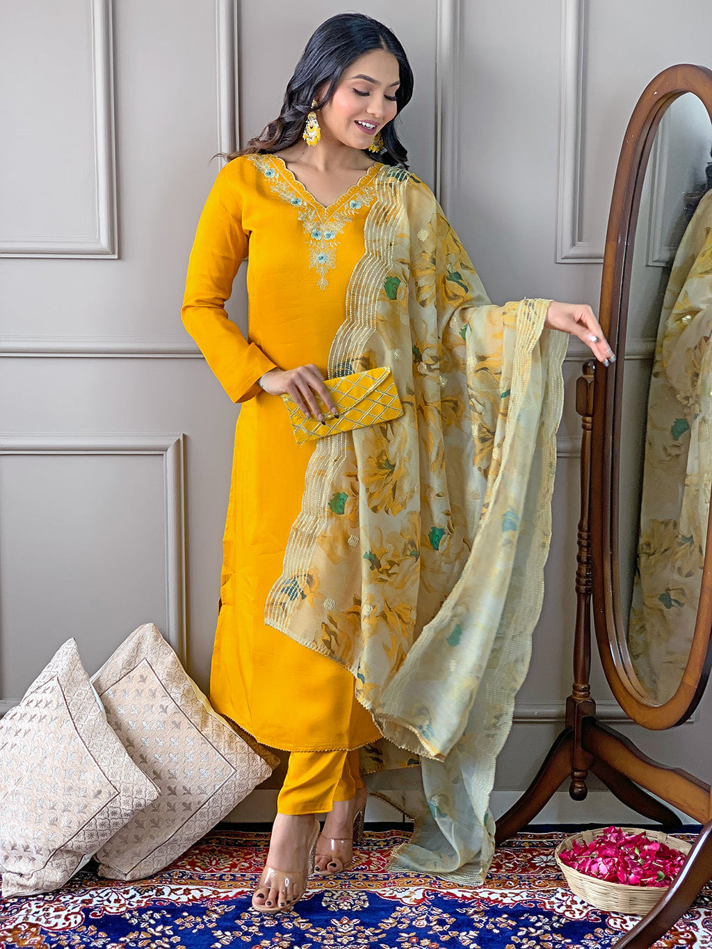 The52 Gorgeous Embroidered Viscose Fabric Straight Kurta, Pant and Dupatta Set | Grocsy