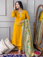 The52 Gorgeous Embroidered Viscose Fabric Straight Kurta, Pant and Dupatta Set | Grocsy