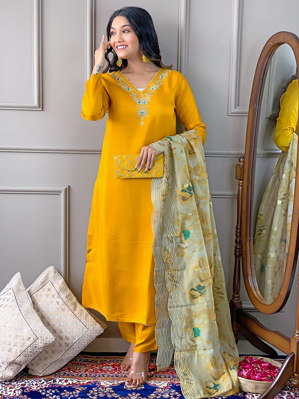 The52 Gorgeous Embroidered Viscose Fabric Straight Kurta, Pant and Dupatta Set | Grocsy