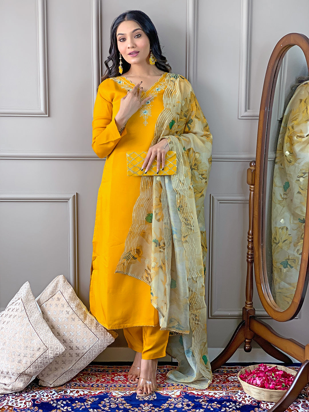 The52 Gorgeous Embroidered Viscose Fabric Straight Kurta, Pant and Dupatta Set | Grocsy