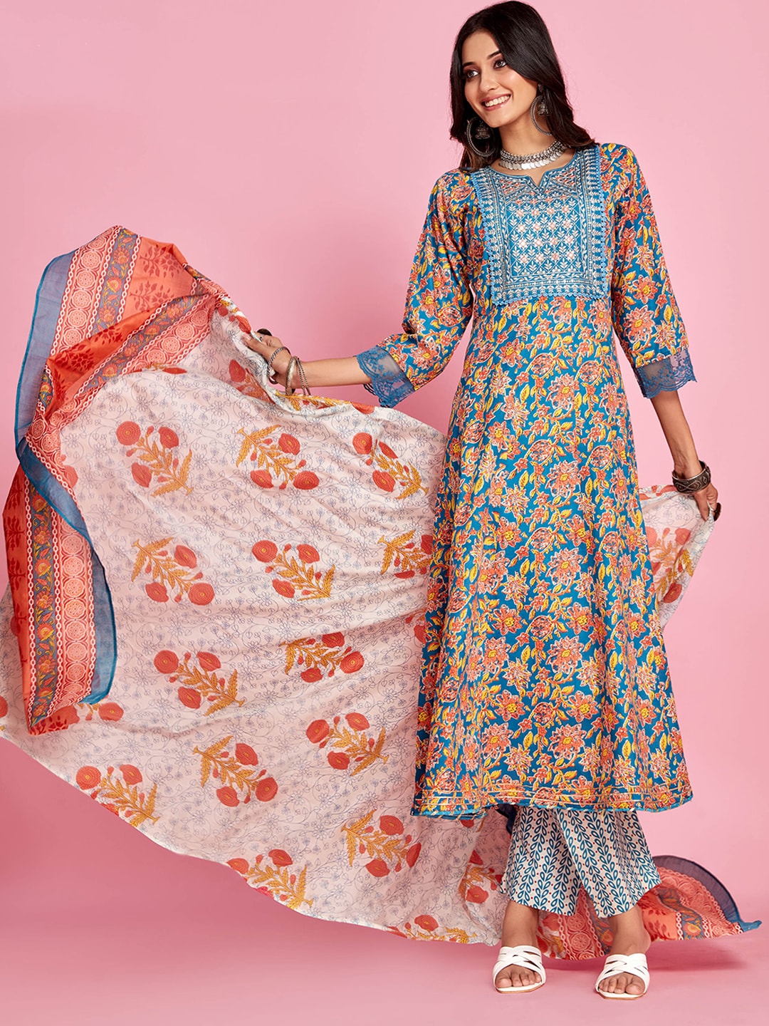 Sangria Blue Floral Printed Thread Work A-Line Kurta & Trouser With Dupatta | Grocsy
