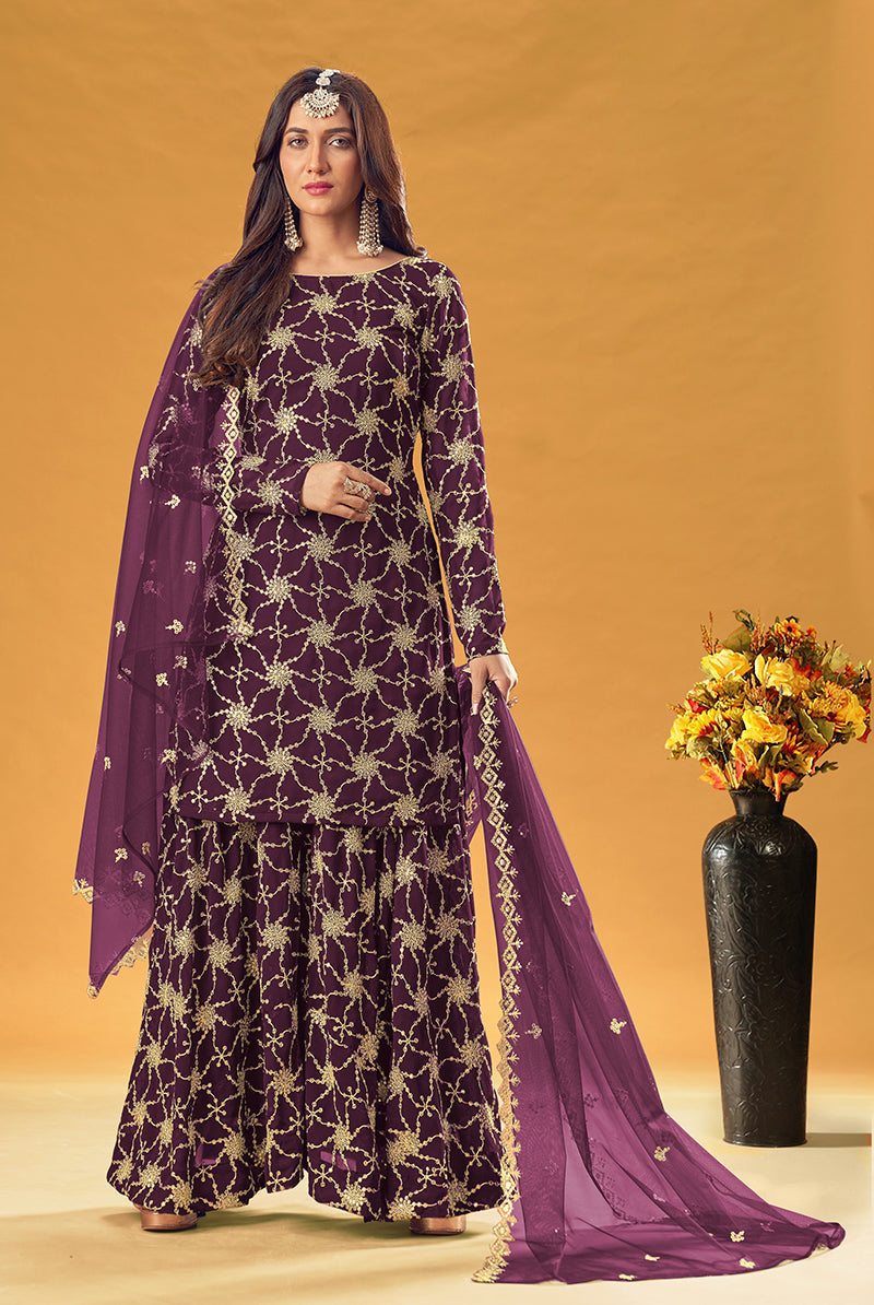 Monjolika Fashion Purple Embroidered Palazzo Salwar Suit | Grocsy