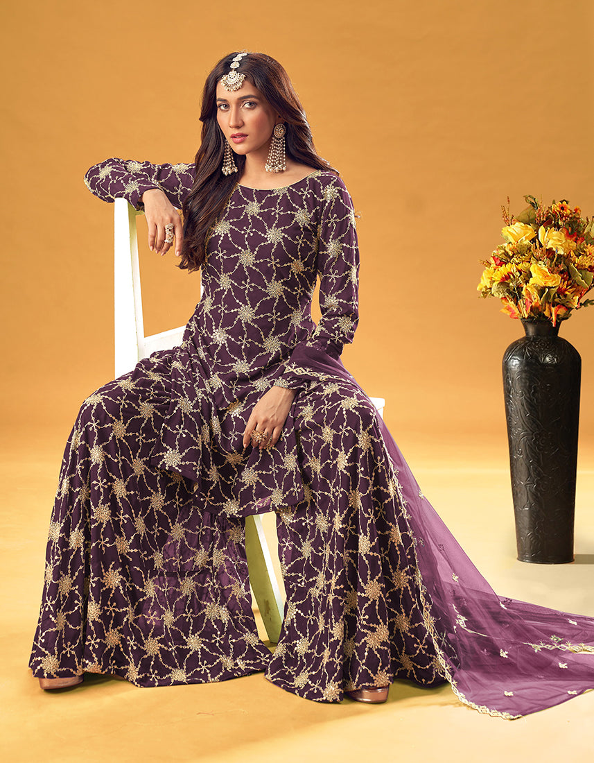 Monjolika Fashion Purple Embroidered Palazzo Salwar Suit | Grocsy