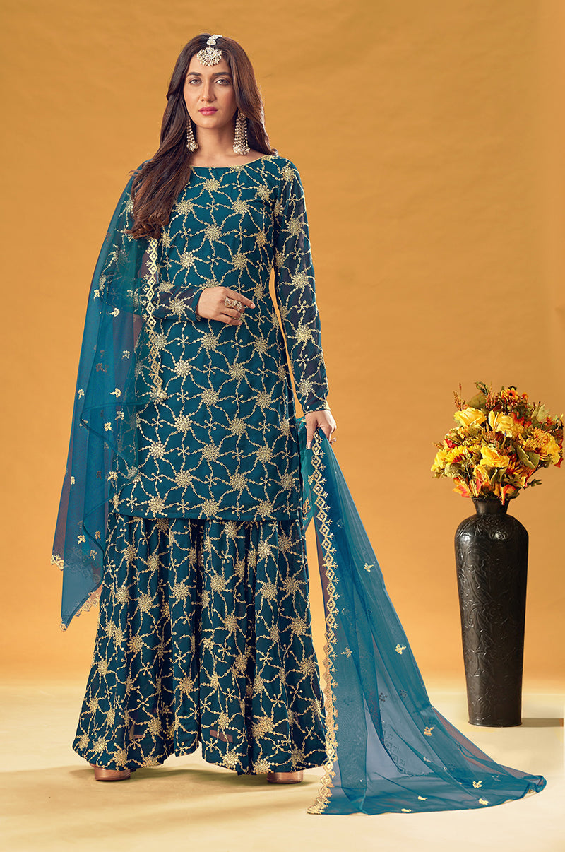 Monjolika Fashion Teal Embroidered Palazzo Salwar Suit | Grocsy