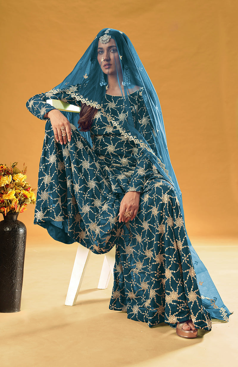 Monjolika Fashion Teal Embroidered Palazzo Salwar Suit | Grocsy