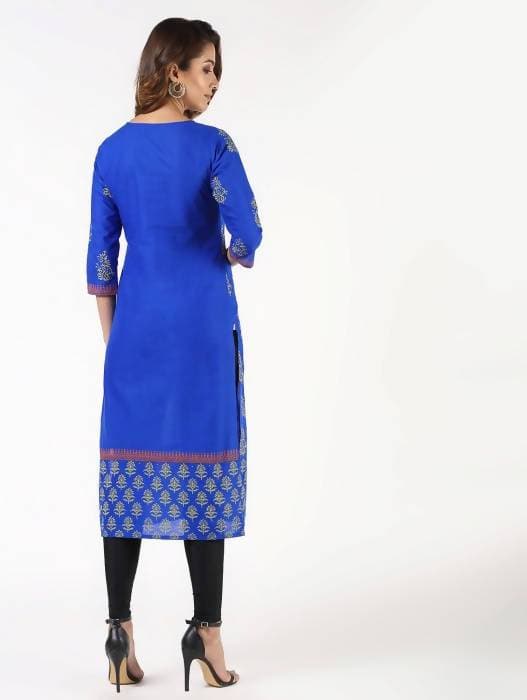 Aniyah Cotton Block Printed Straight Kurta Blue (AN-140K) | Grocsy