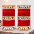 Tehzeeb Creations Bridal Bangle Set Chura Red White Kundan & Golden Stone Choora Wedding Punjabi Chuda for Women | Grocsy