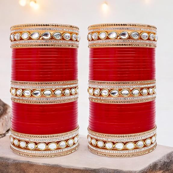 Tehzeeb Creations Bridal Bangle Set Chura Red White Kundan & Golden Stone Choora Wedding Punjabi Chuda for Women | Grocsy
