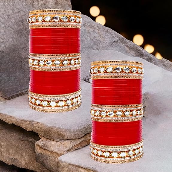 Tehzeeb Creations Bridal Bangle Set Chura Red White Kundan & Golden Stone Choora Wedding Punjabi Chuda for Women | Grocsy