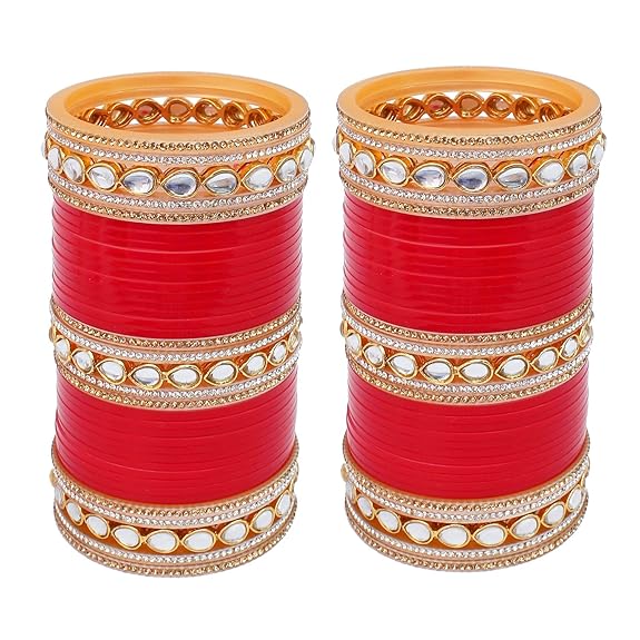 Tehzeeb Creations Bridal Bangle Set Chura Red White Kundan & Golden Stone Choora Wedding Punjabi Chuda for Women | Grocsy