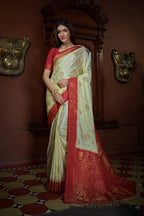 Vardha Parchment White Golden Zari Banarasi Satin Silk Saree | Grocsy