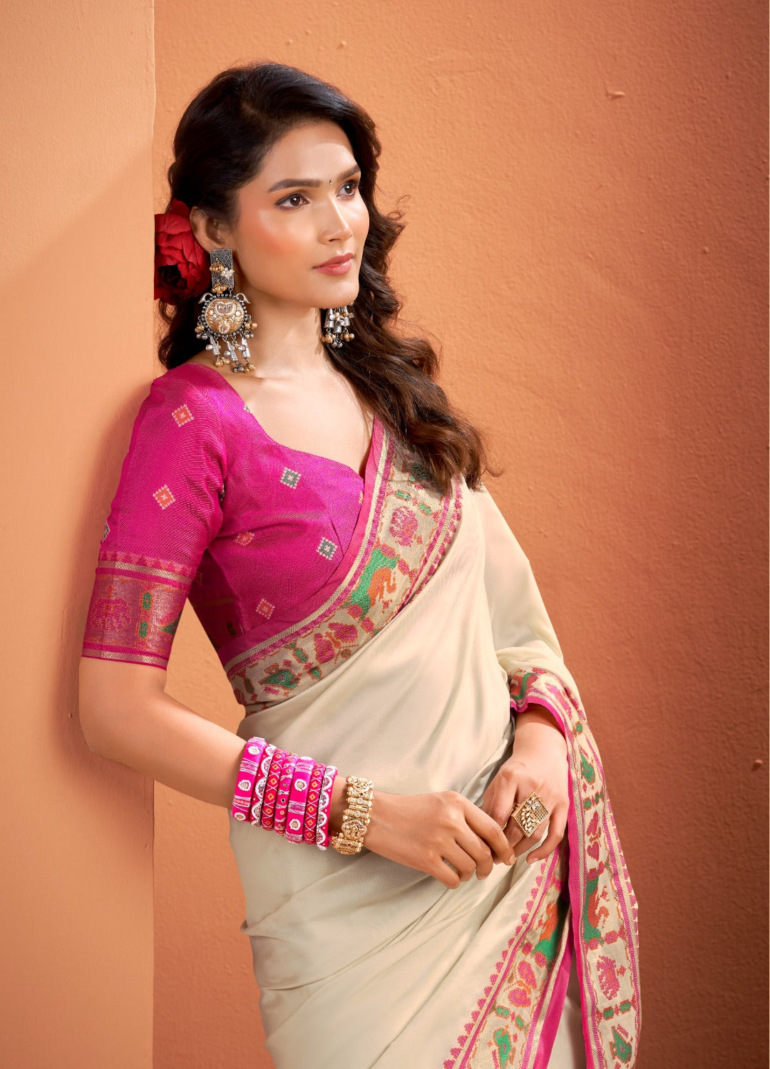 Anaita Beige Silk Zari Weaving With Classic Patola Saree With Blouse | Grocsy