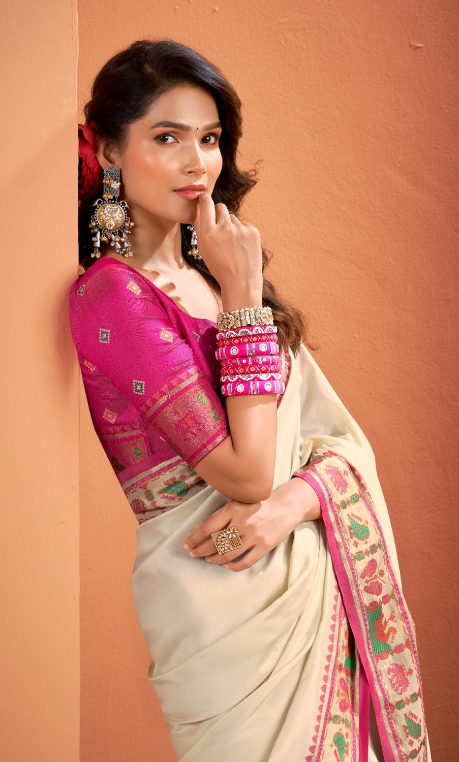 Anaita Beige Silk Zari Weaving With Classic Patola Saree With Blouse | Grocsy