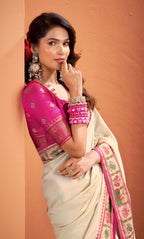 Anaita Beige Silk Zari Weaving With Classic Patola Saree With Blouse | Grocsy