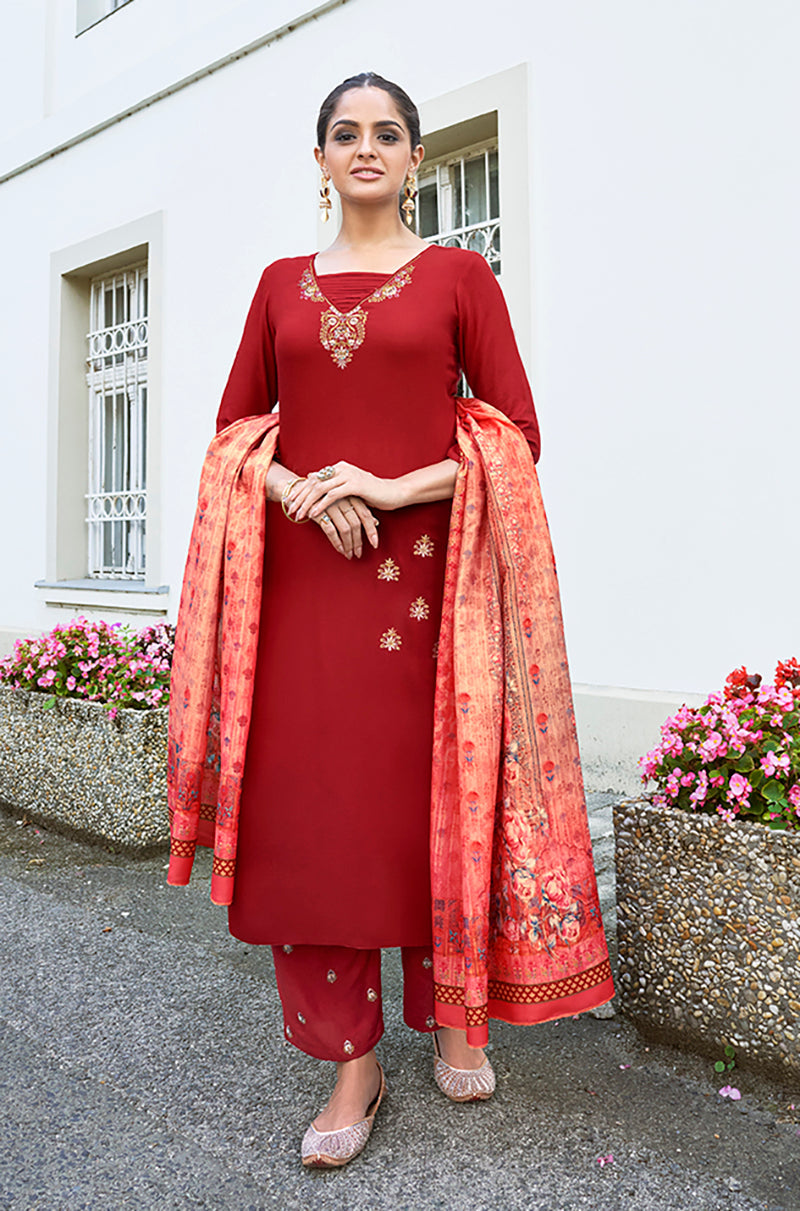 Monjolika Fashion Red Color Rayon Cotton Embroidered Ceremonial Salwar Suit | Grocsy