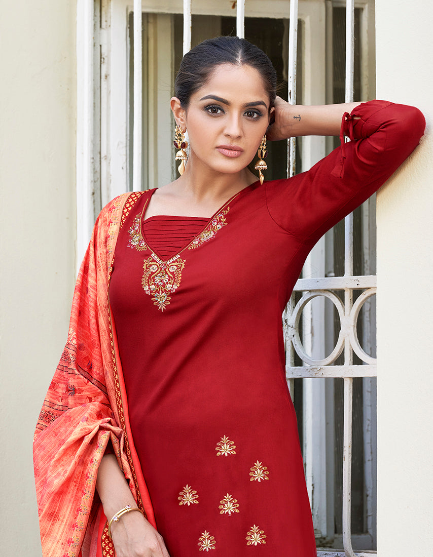 Monjolika Fashion Red Color Rayon Cotton Embroidered Ceremonial Salwar Suit | Grocsy