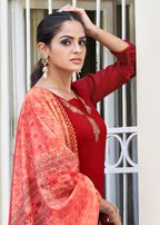 Monjolika Fashion Red Color Rayon Cotton Embroidered Ceremonial Salwar Suit | Grocsy
