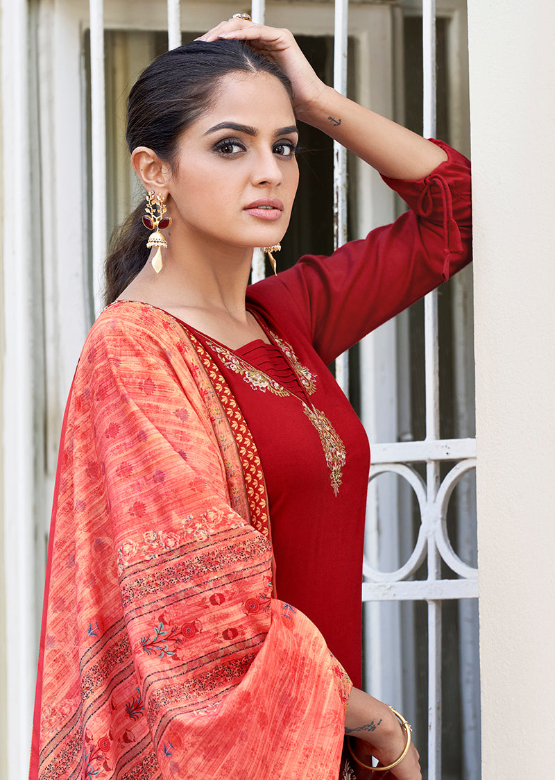 Monjolika Fashion Red Color Rayon Cotton Embroidered Ceremonial Salwar Suit | Grocsy