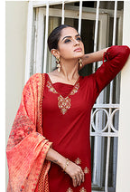 Monjolika Fashion Red Color Rayon Cotton Embroidered Ceremonial Salwar Suit | Grocsy