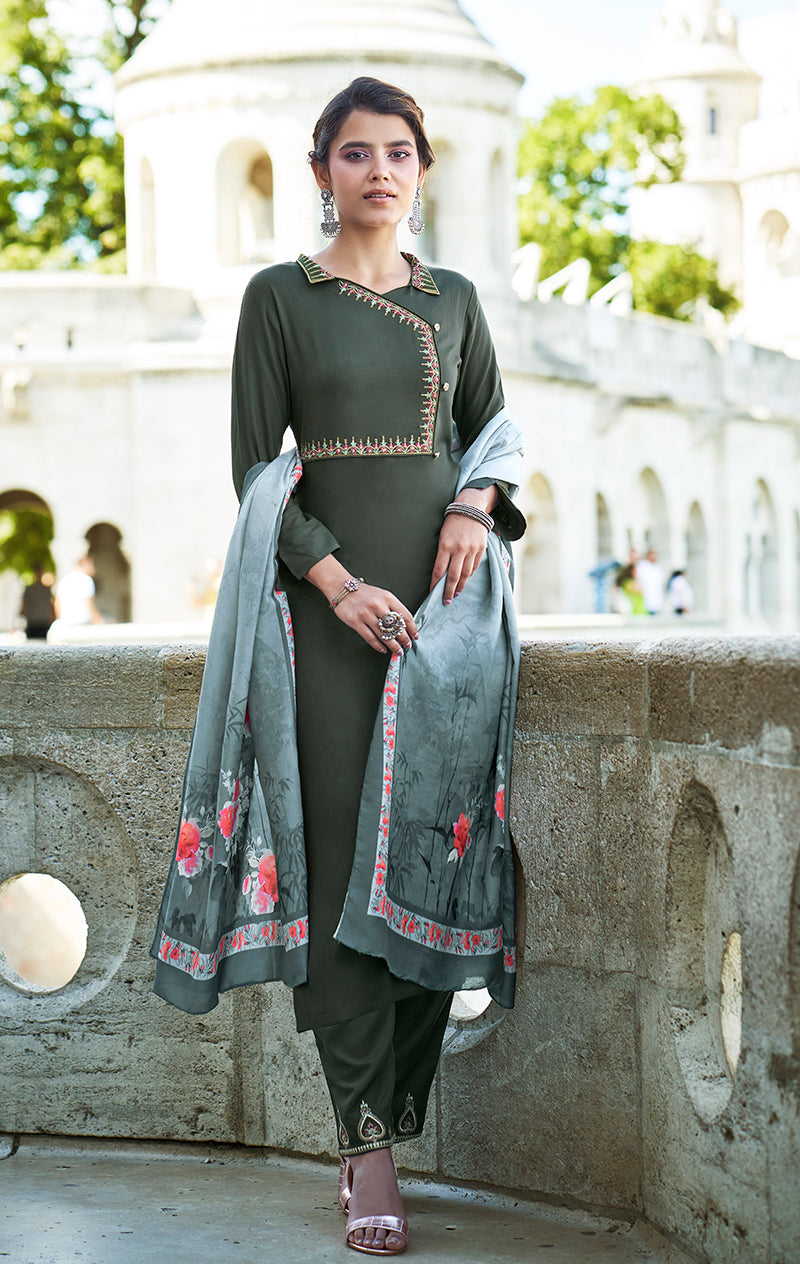 Monjolika Fashion Dark Sea Green Color Rayon Cotton Embroidered Ceremonial Salwar Suit | Grocsy