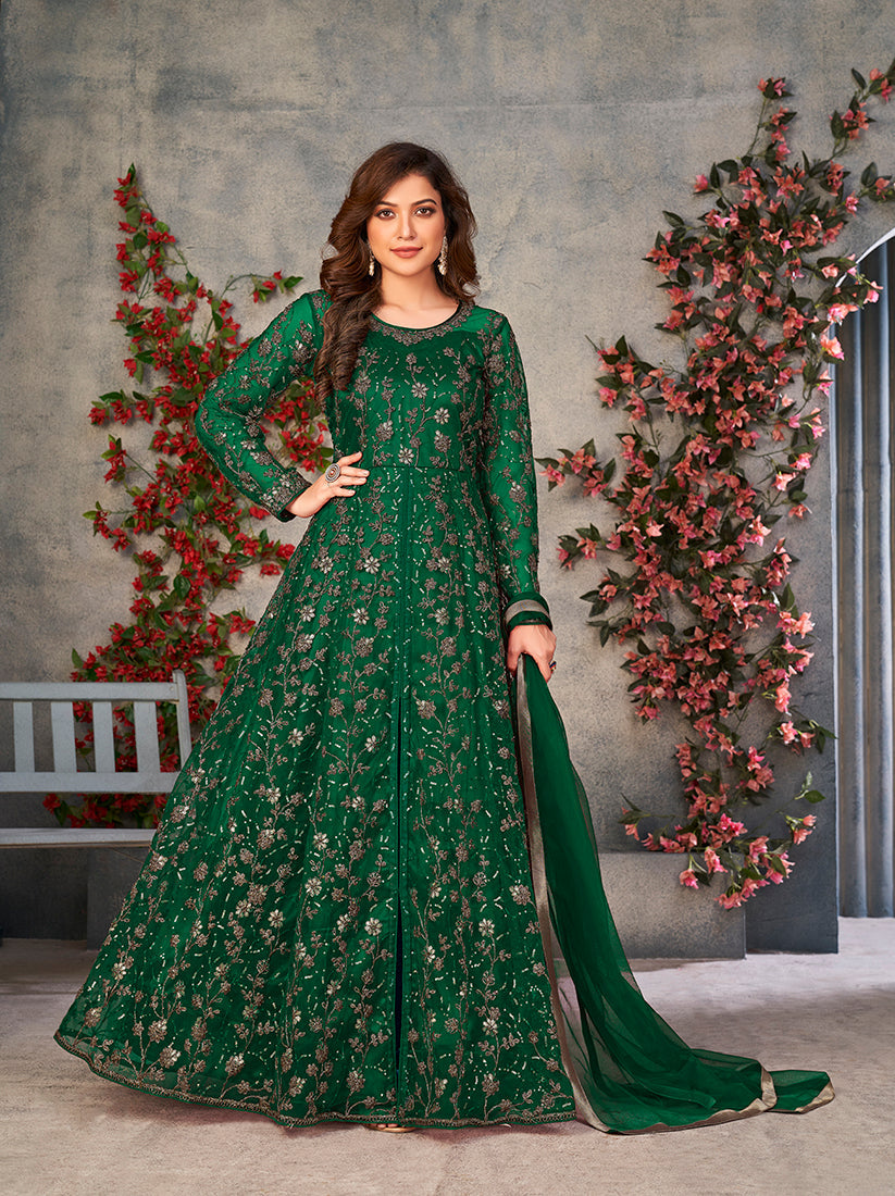 Monjolika Fashion Green Color Net Embroidered Anarkali Salwar Suit | Grocsy