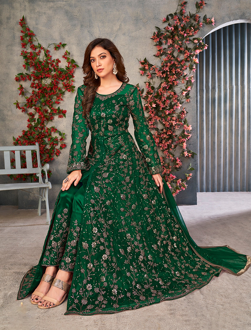 Monjolika Fashion Green Color Net Embroidered Anarkali Salwar Suit | Grocsy