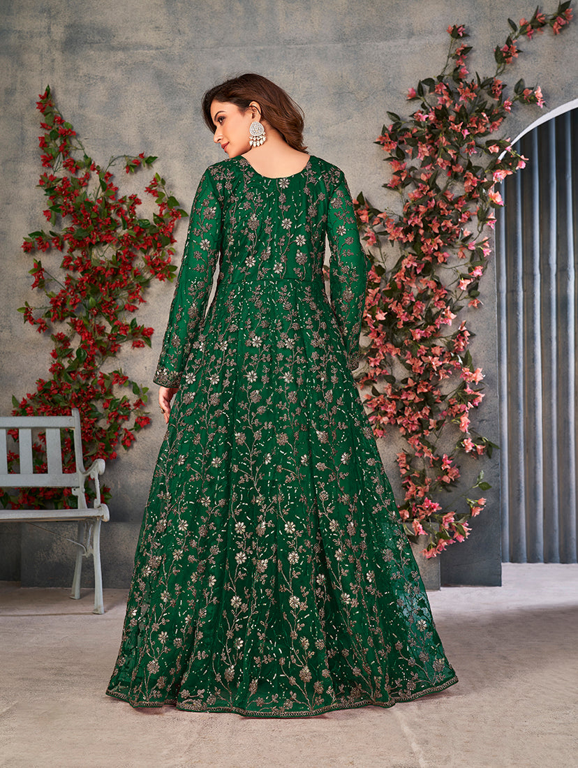 Monjolika Fashion Green Color Net Embroidered Anarkali Salwar Suit | Grocsy
