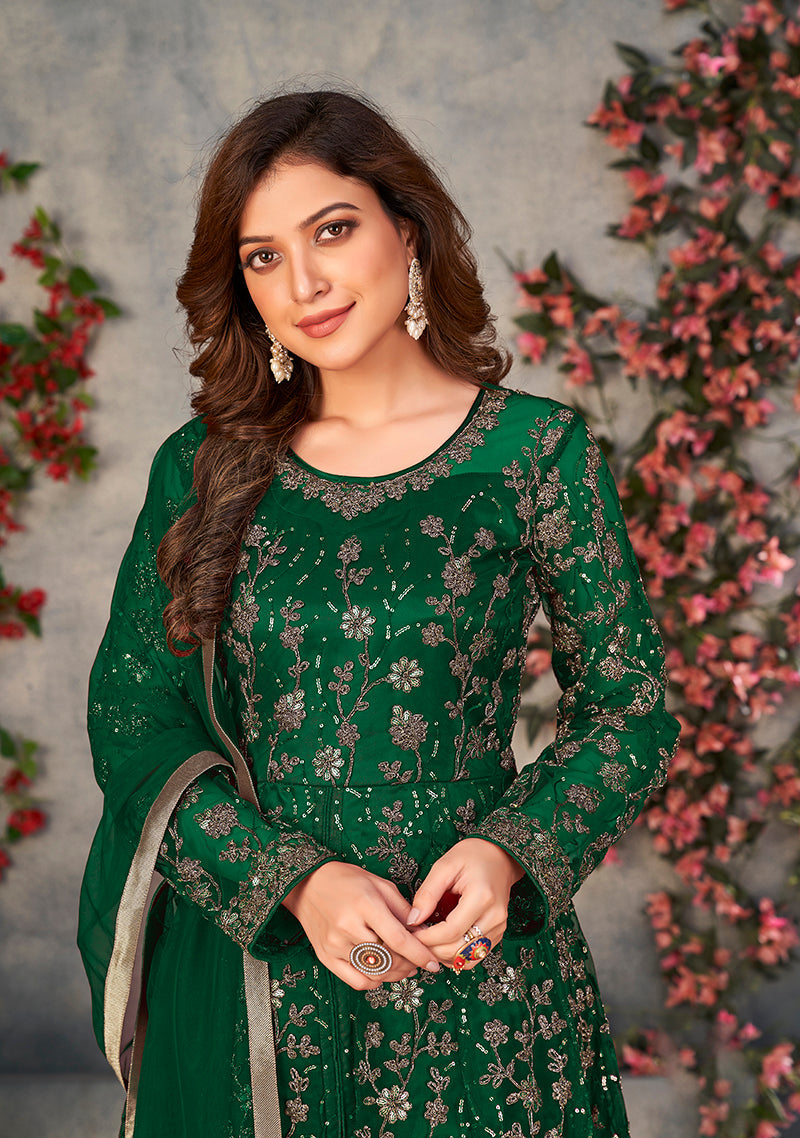 Monjolika Fashion Green Color Net Embroidered Anarkali Salwar Suit | Grocsy