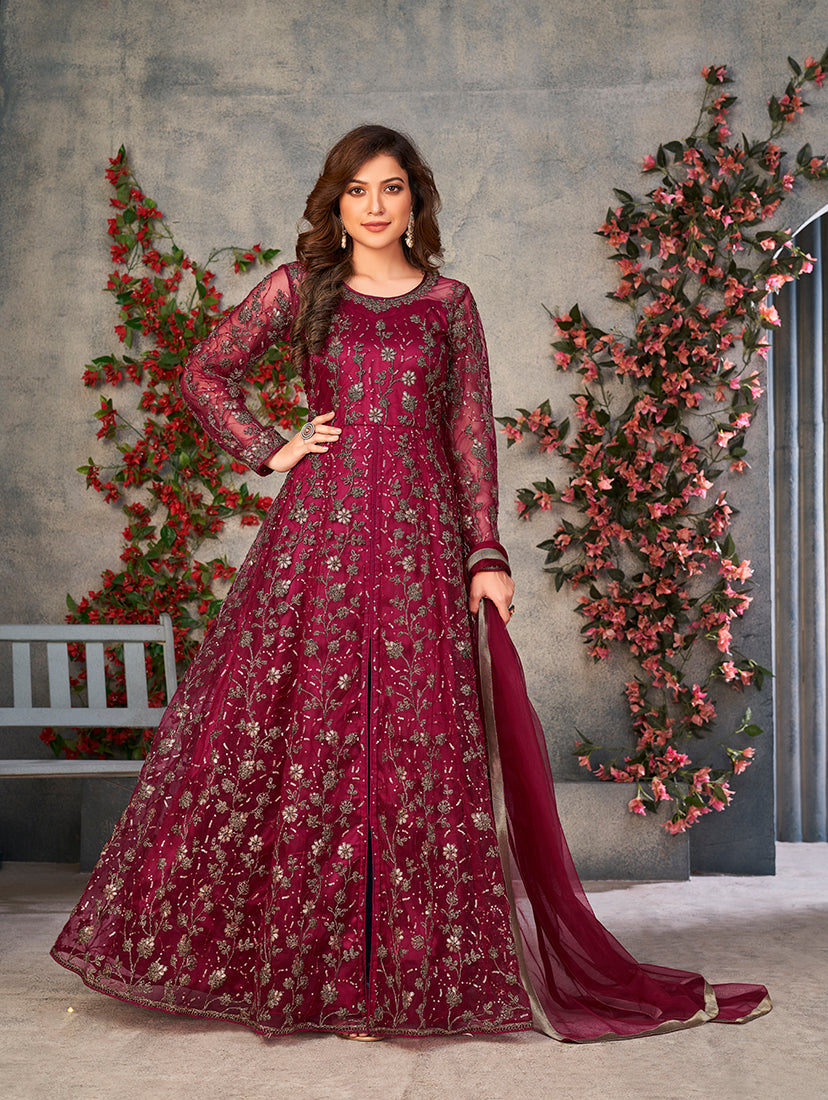 Monjolika Fashion Magenta Color Net Embroidered Anarkali Salwar Suit | Grocsy
