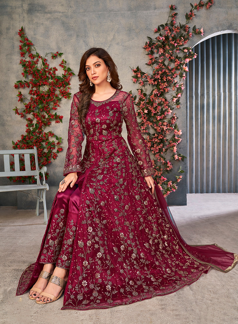 Monjolika Fashion Magenta Color Net Embroidered Anarkali Salwar Suit | Grocsy
