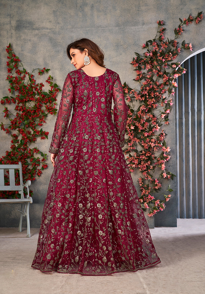Monjolika Fashion Magenta Color Net Embroidered Anarkali Salwar Suit | Grocsy